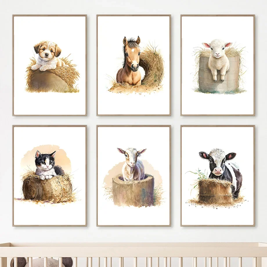 

Cat Chick Sheep Dog Pig Cow Horse Farm Animal Wall Art Canvas Print Painting Nursery Poster Cartoon Picture For Kids Room Decor