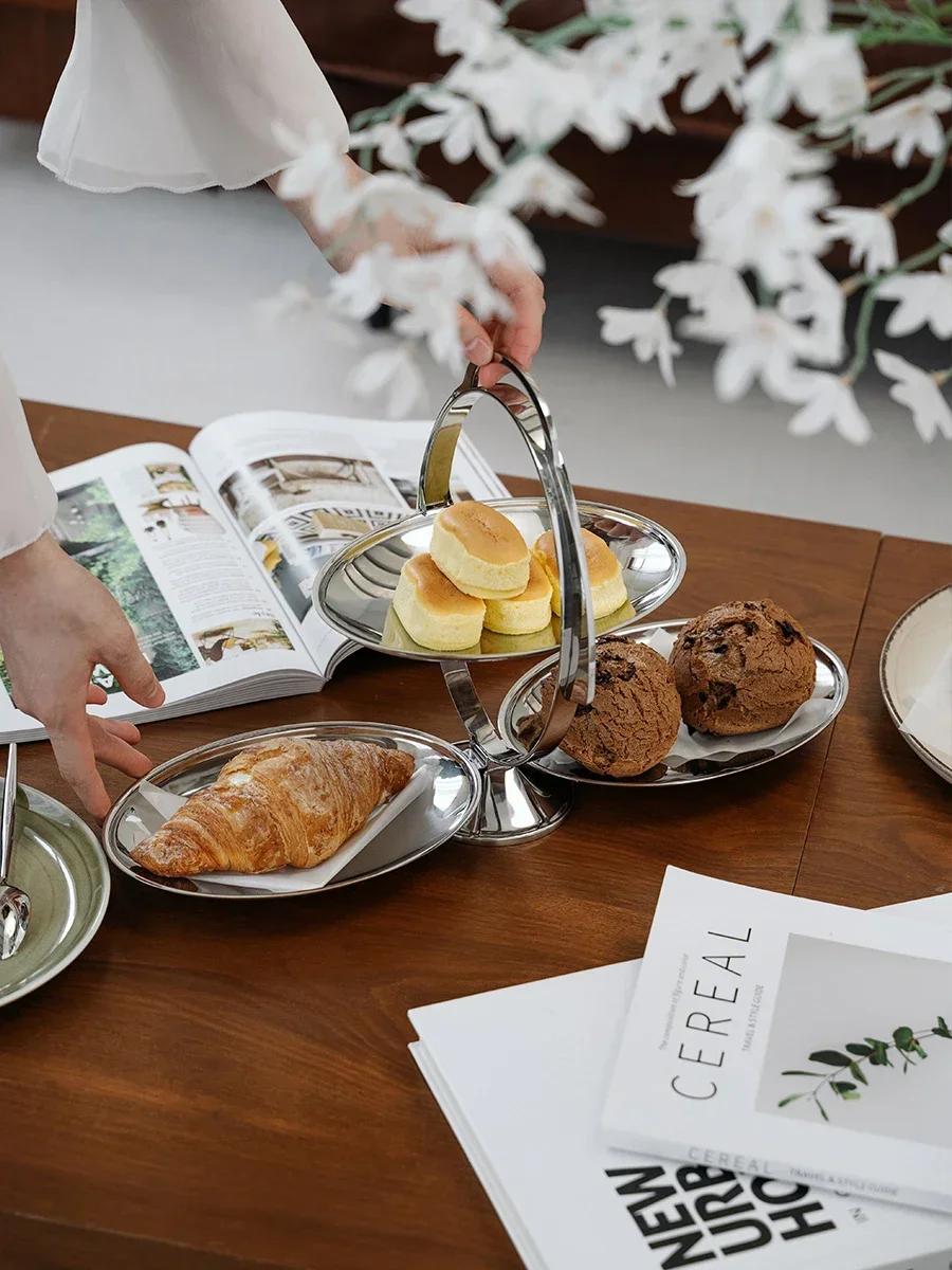Nordic Stainless Steel Folding Tiered Serving Tray 3 Tiered Dessert Stand with Handle Snack Plate for Home decor Hotel Party