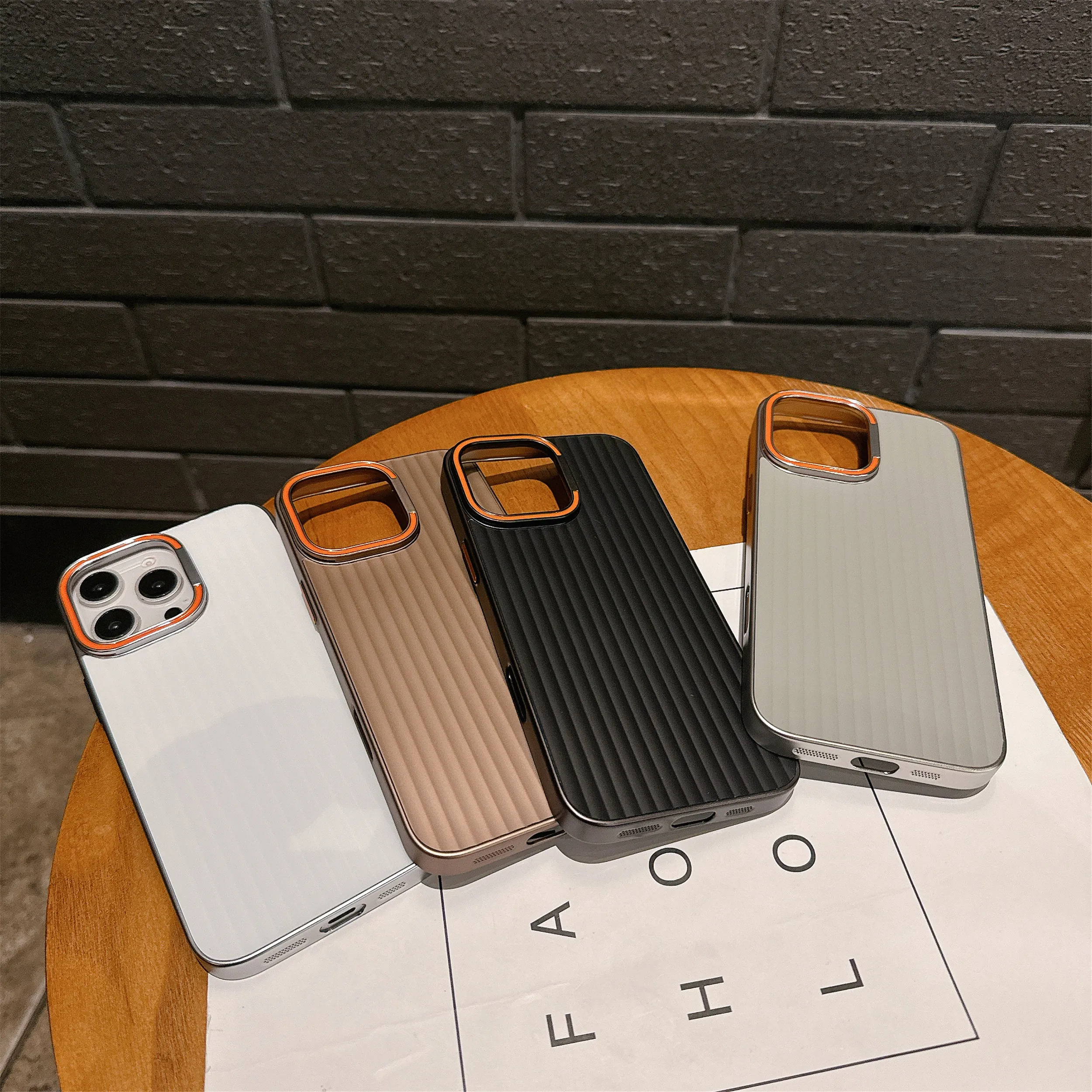 Creative INS Corrugated Paper Texture Lens Frame Stand Electroplated Phone Case for iPhone 16 15 14 13 12 Pro Max Back Cover