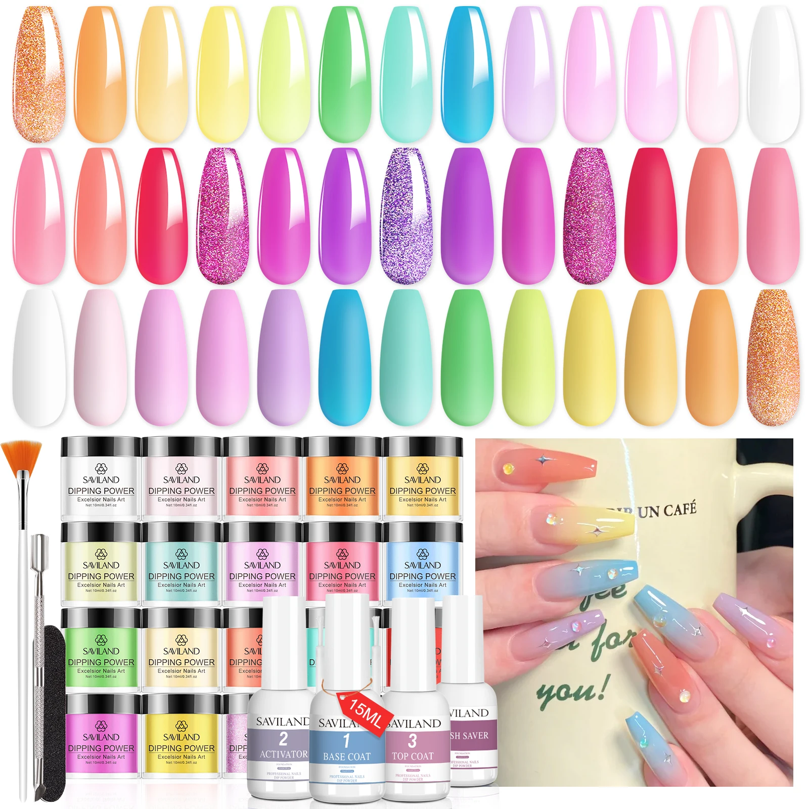 SAVILAND 20 Colors Dipping Powder Nail Kit Keratin Pastel Dip Powder 4 PCS Dipping Powder Liquid Set for Nail Art Manicure DIY