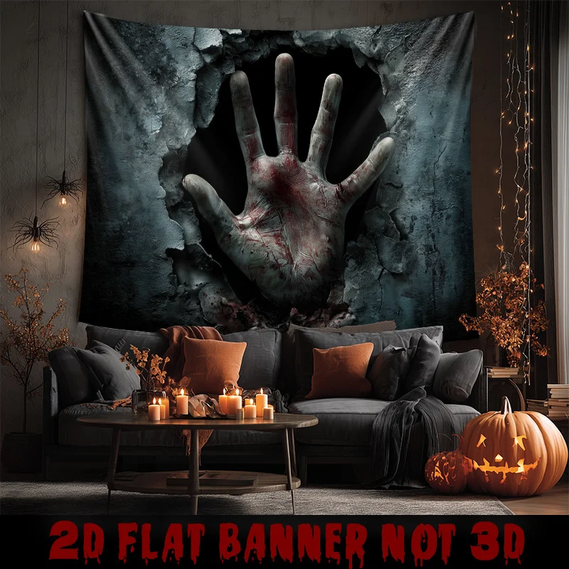 Zombie Hand Break Wall Horror Tapestry - for Haunted House Party Decor, Halloween, Living Room, Bedroom Decoration