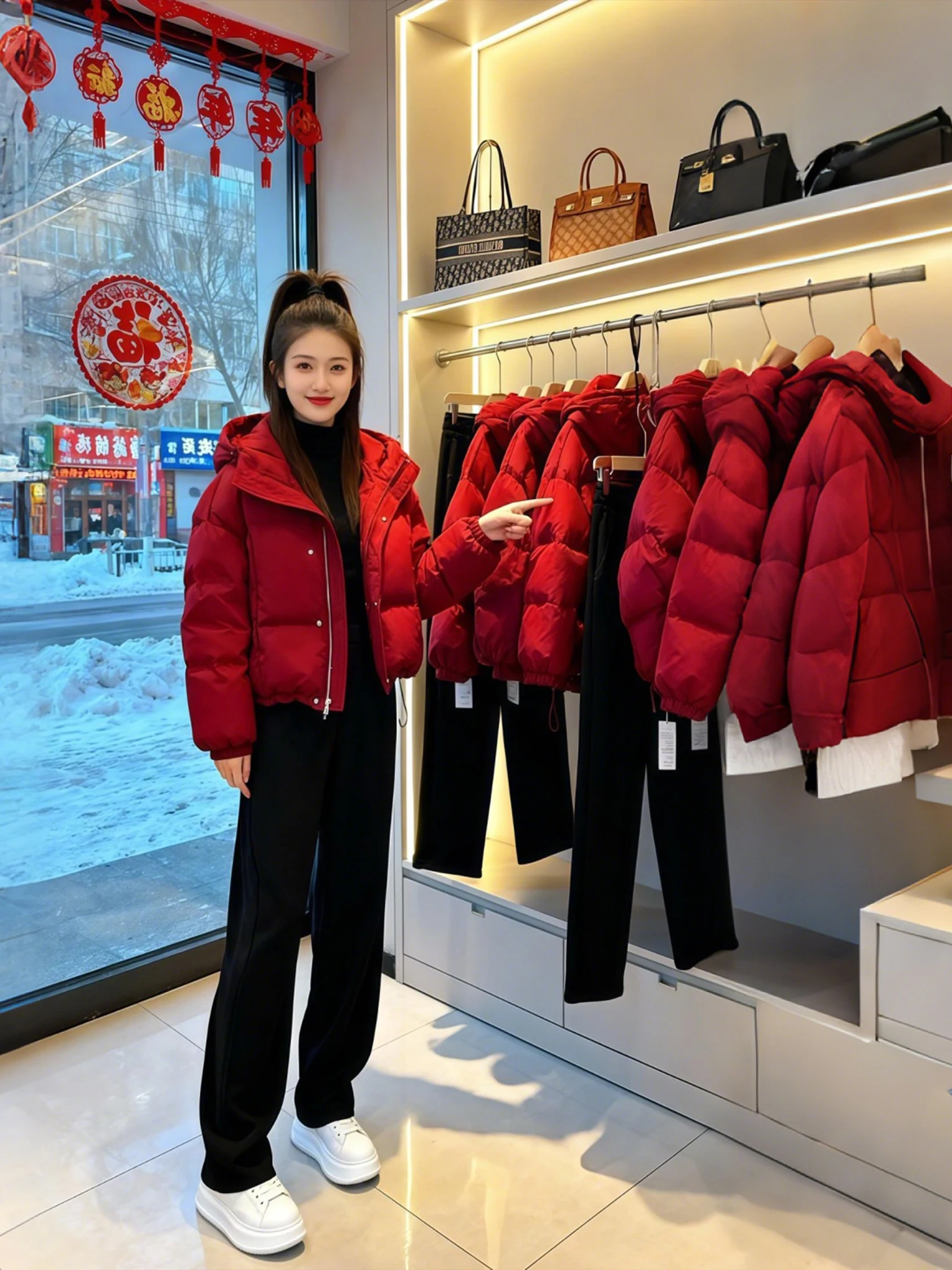 

Winter Fashionable Ladies' Cotton Jacket Coat with Hat And Casual Pants Two-Piece Set Warm Thickened Filling All-Season Wear