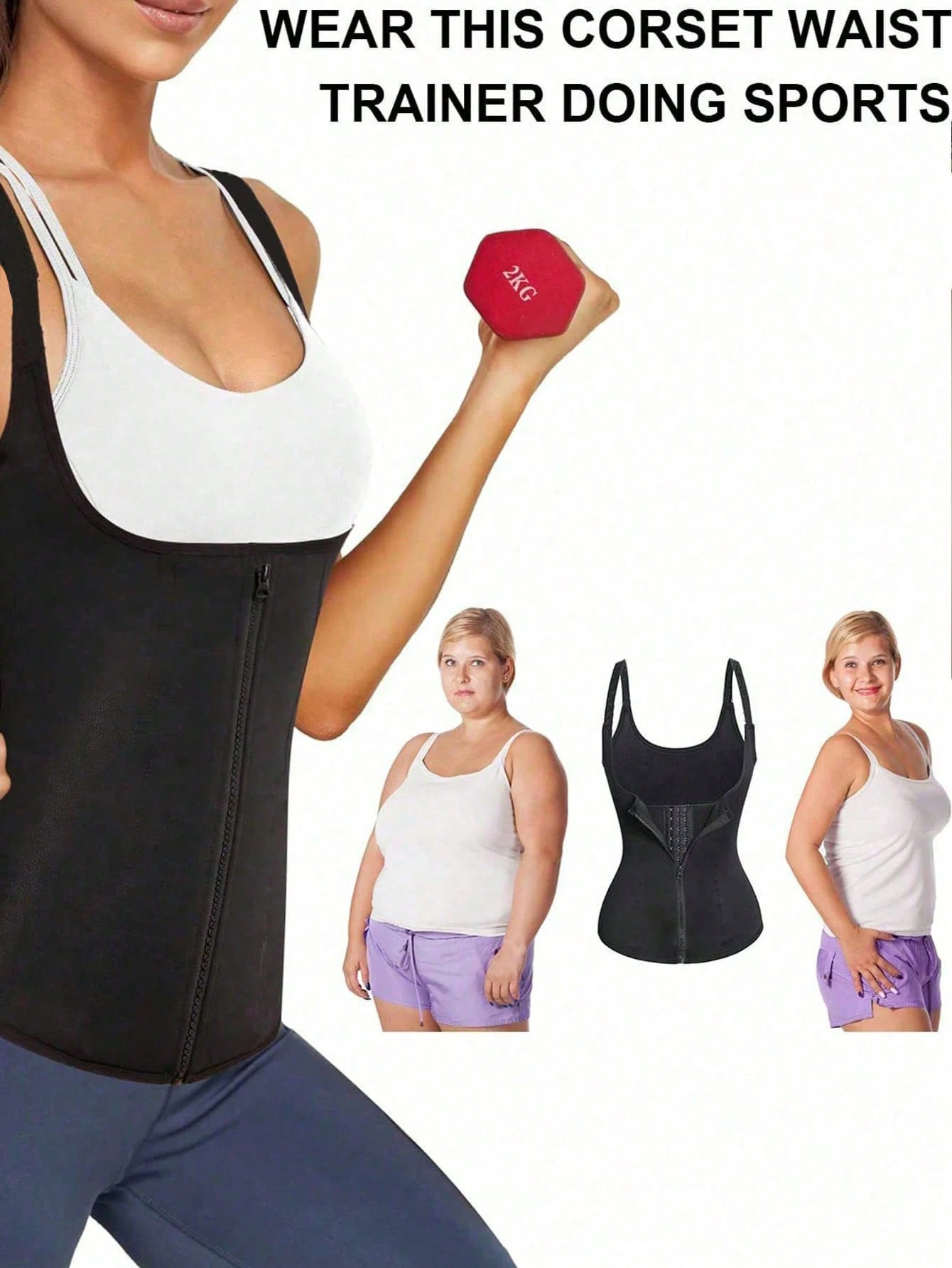 Top de espartilho esportivo feminino de 1 peça com zíper frontal e alças ajustáveis