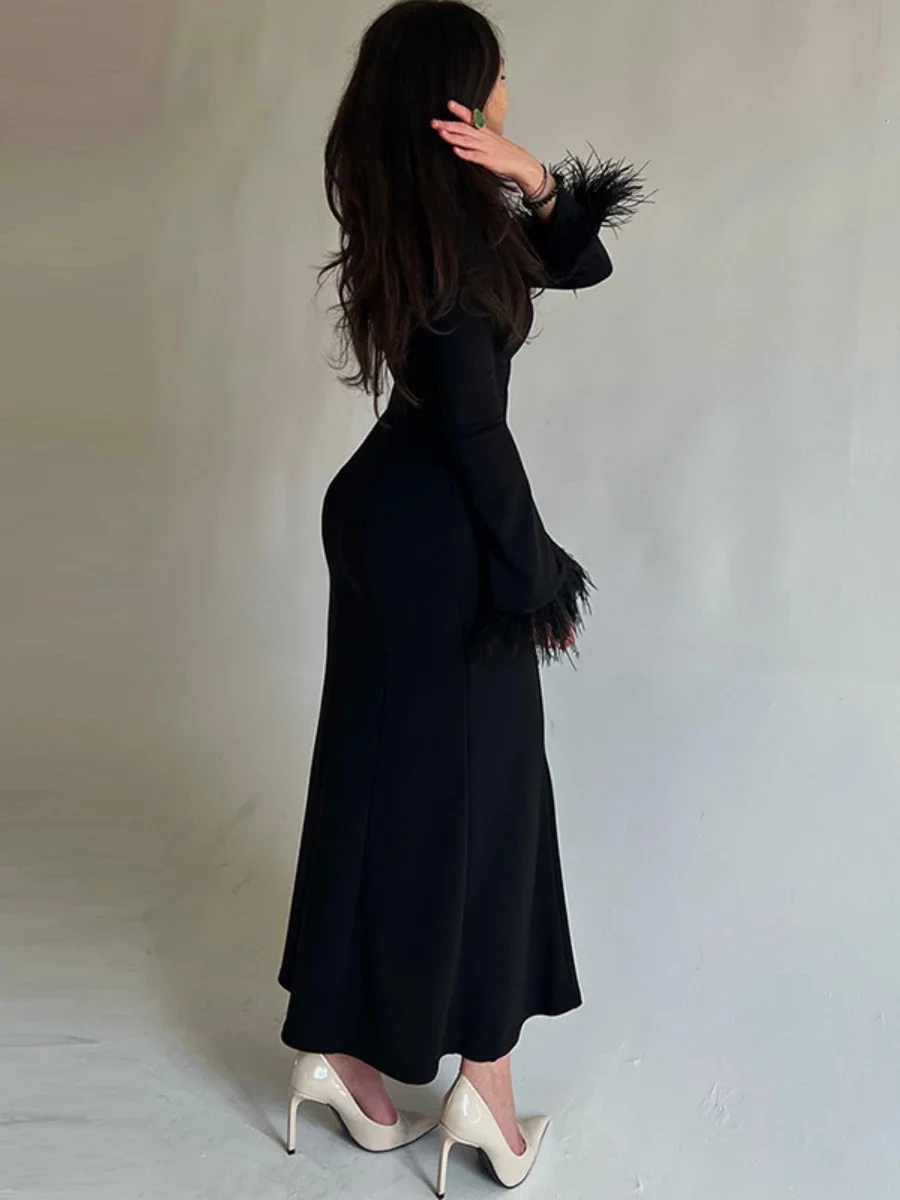 Vestido Dress for Women Feather Cuffs Long Skirt Elegant Slim Buttocks Wrapped Frock Solid Evening Party Outfits Spring Autumn