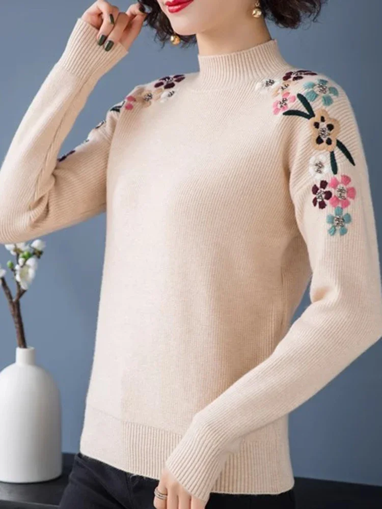 Spring Fall Half Turtleneck Embroidery Knitted Sweater Women Casual Slim Pullover Tops Long Sleeve New Soft Knitwear Jumper