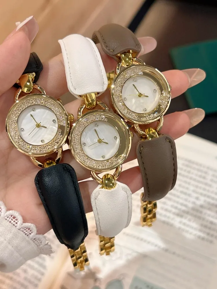 Elegant Ladies Genuine Leather Strap Shiny Diamonds Quartz Watch Women Office Work Fine Accessory Wristwatches Designer Watch