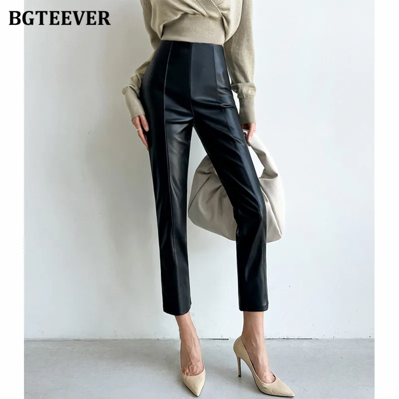 BGTEEVER Elegant Ladies PU Leather Pants Stylish High Waist Slim Skinny Black Pencil Pants for Women