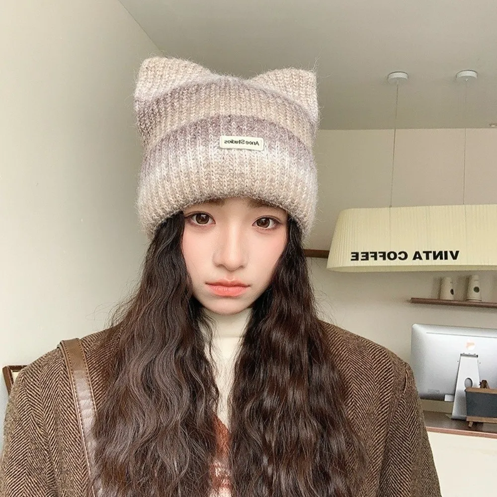 Polyester Knitted Beanie Hat Thick Knit 56cm To 58cm Head Circumference Cat Ear Beanie Ear Protection Gradient Tie Dye