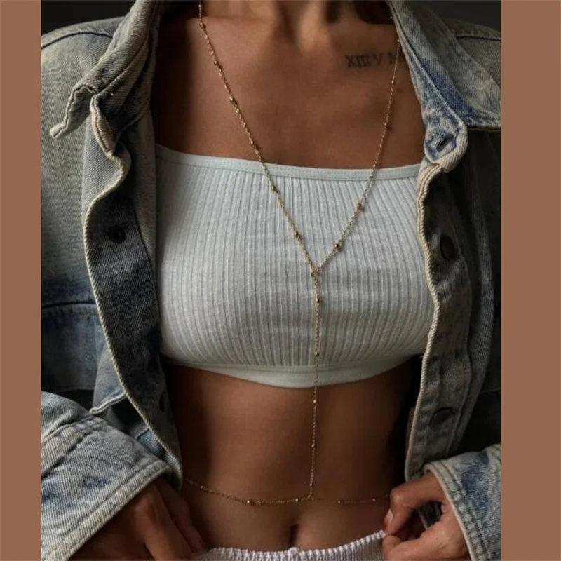

New Sexy Fashion Swimsuit Bra Body Chain for Women Minimalist Round Bead Metal Chain Tassel Necklace Exquisite Party Jewelry