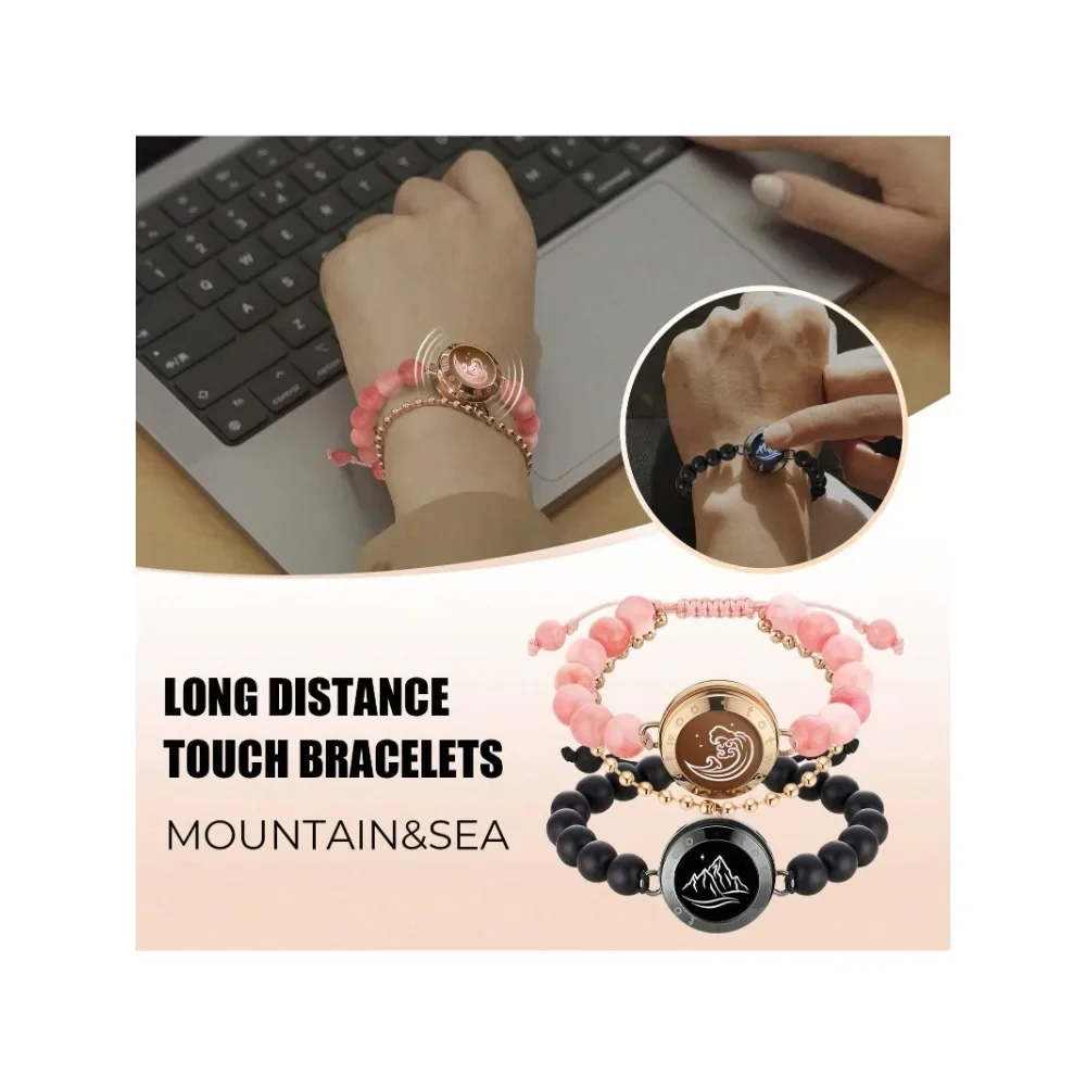 T O T W O O Long Distance Touch Bracelets| Mountain&Sea Touch Bracelets With Beaded Black Agate And Pink Jade