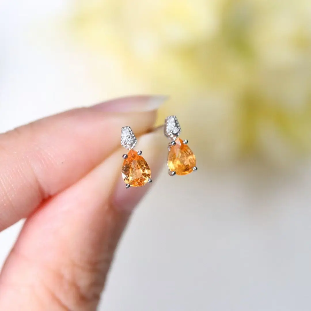 

Certificated PT900 Platinum Natural Spessartine 0.80ct Teardrop Stud Earring Real Mandarin Garnet Genuine Diamond Jewelry Retail