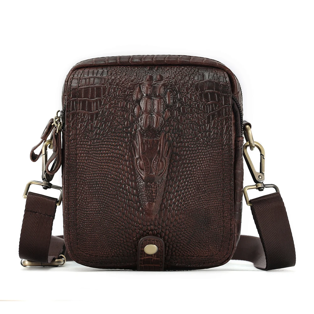 Genuíno couro crocodilo bolsa crossbody, pequena bolsa de ombro, moda retro masculina, europeu e americano