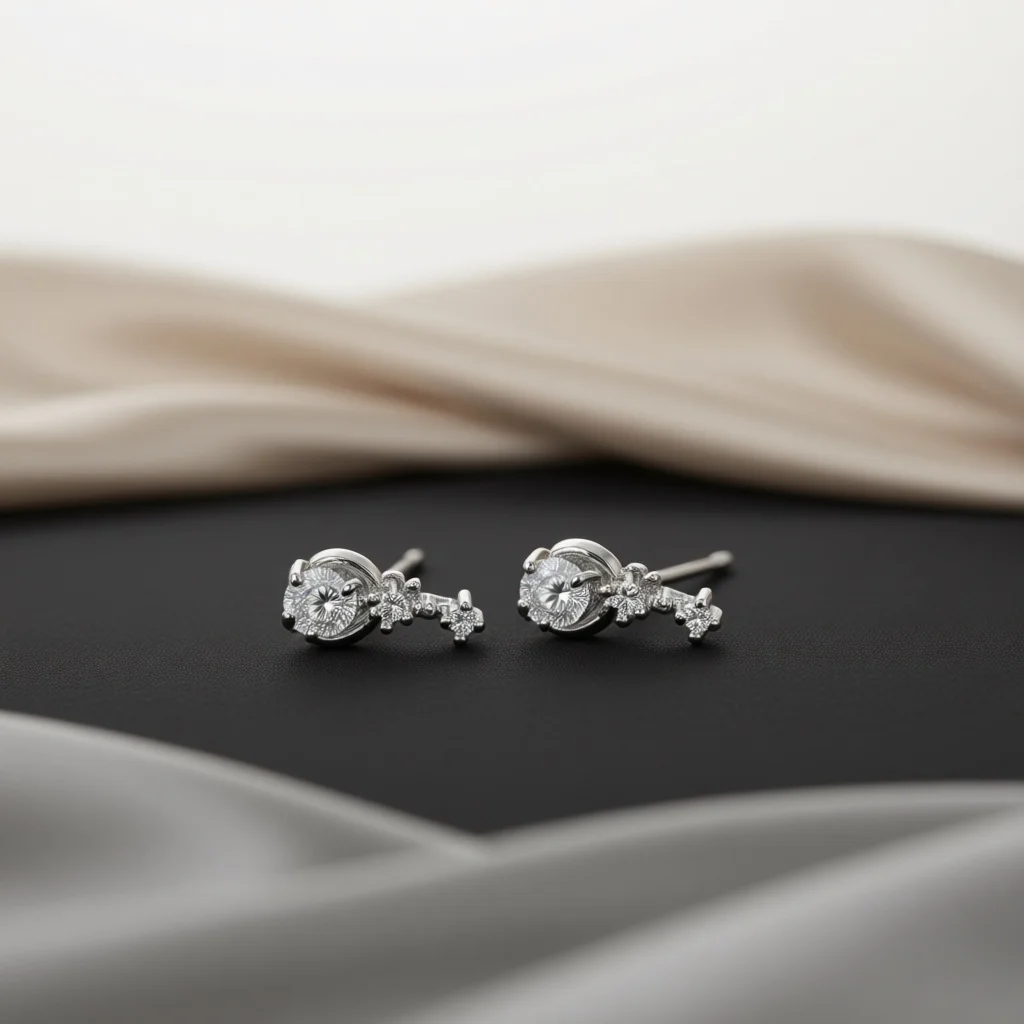 Delicate Silver Copper Stud Earrings, Branch Floral Zircon Layout, Round Center Gem, Jewelry for Daily Wear, Shopping & Dinner