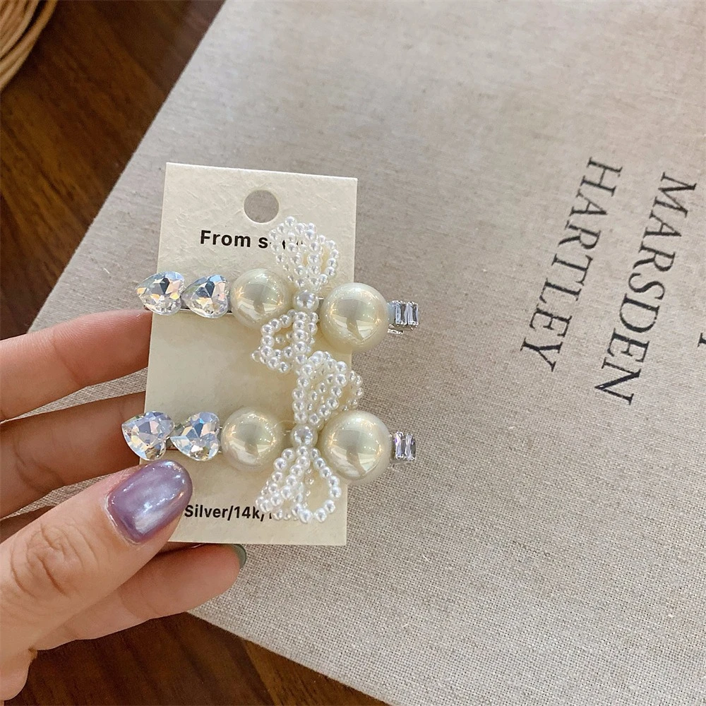 2 Stücke Sanfte Perle Kristall Haarnadel Fee Stil Seitenclip Frauen Täglich Datum Kleid Haarschmuck Süße Haarschleifen für Mädchen – Detail 6