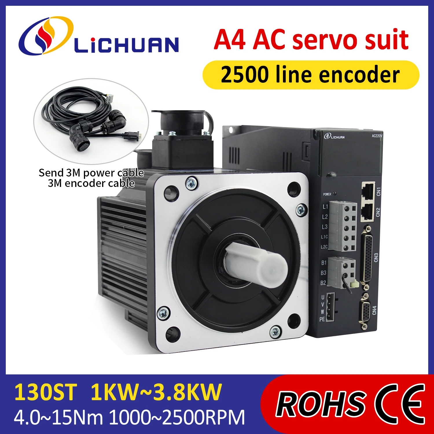 

Lichuan A4 1000~3800W AC Servo Motor Controller 220V 4~13.5A 1000/1500/2000/2500rpm 4/5/6/7.7/10/15N.m AC Servo Motor Driver Kit