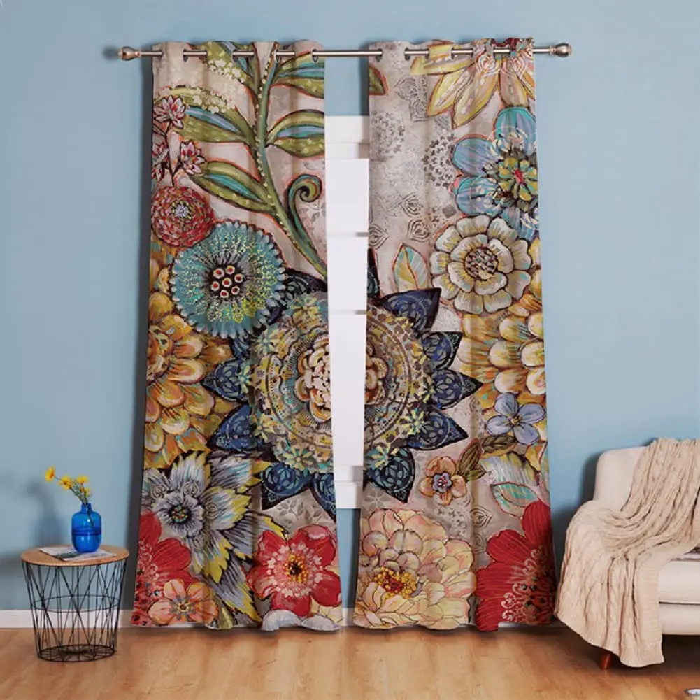 

Boho Vintage Flowers Print Curtain, Drapes with Grommet, Thermal Insulated, Window Panels, Living Room, Dining Room