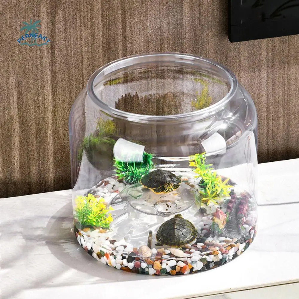 Practical Transparent Round Fish Tank Unbreakable Plastic Desktop Turtle Tank with Cover Hydroponic Fish Tank Office