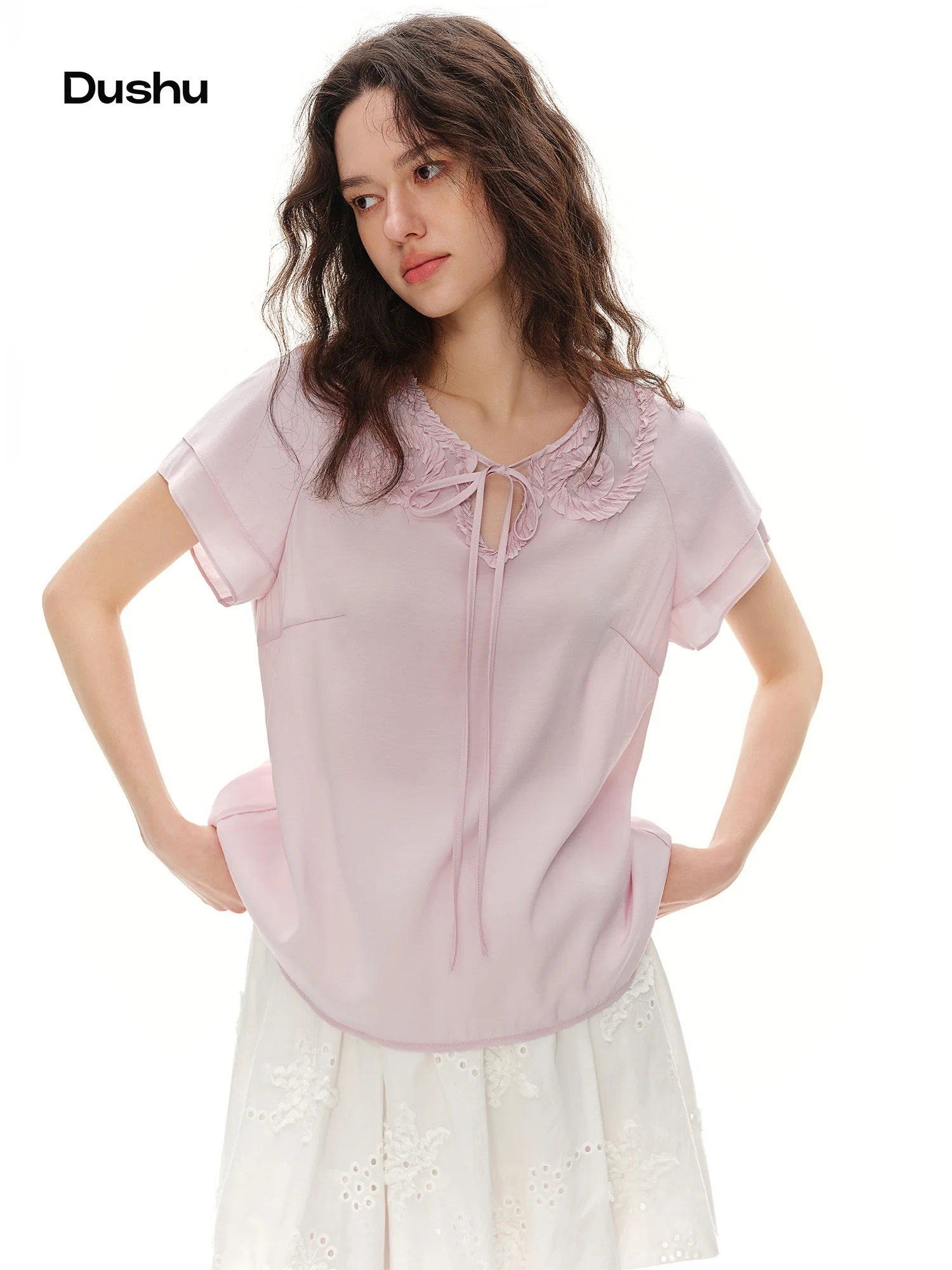 DUSHU 2026 New Arrival Summer Women's Pastel Ruffle Chiffon Blouse, Short Sleeve Flowy Feminine Top for Soft Romantic Style