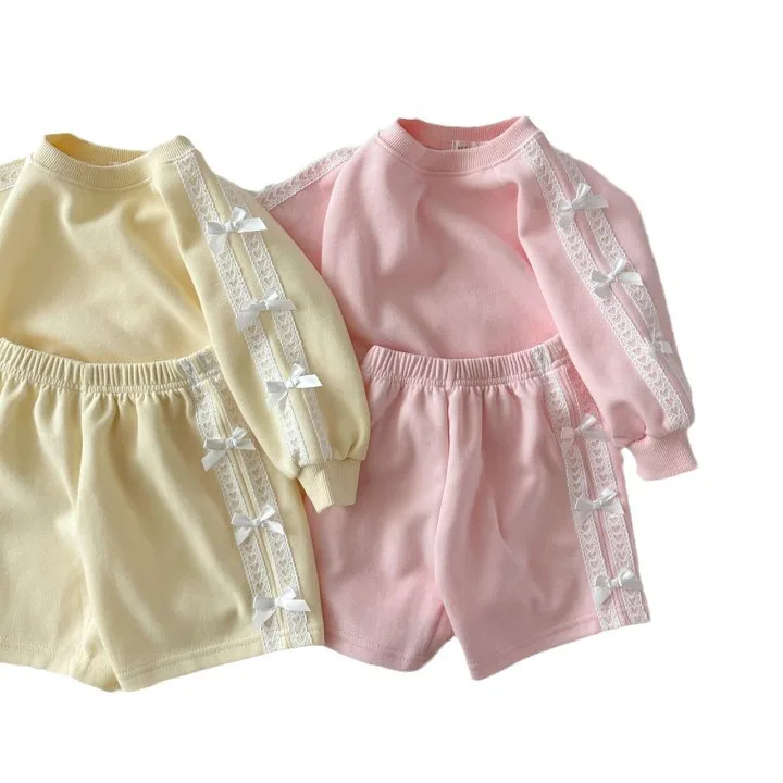 2025 Autumn New Children Long Sleeve Clothes Set Girls Lace Bow Sweet Princess Suit Cotton Kids Solid Casual Shorts Outfits