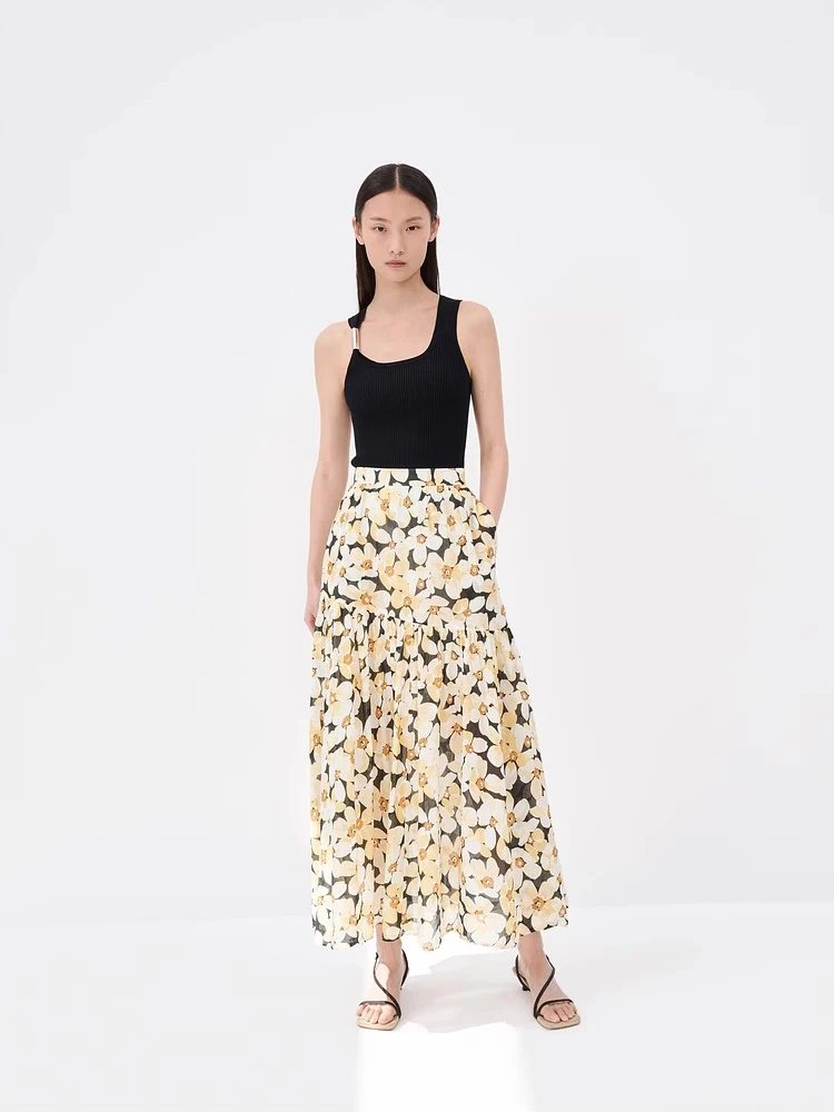 

Cotton and Ramie Medium length A-line Half length Skirt for Women 2025 Summer High Waist Flower Vacation Style Skirt
