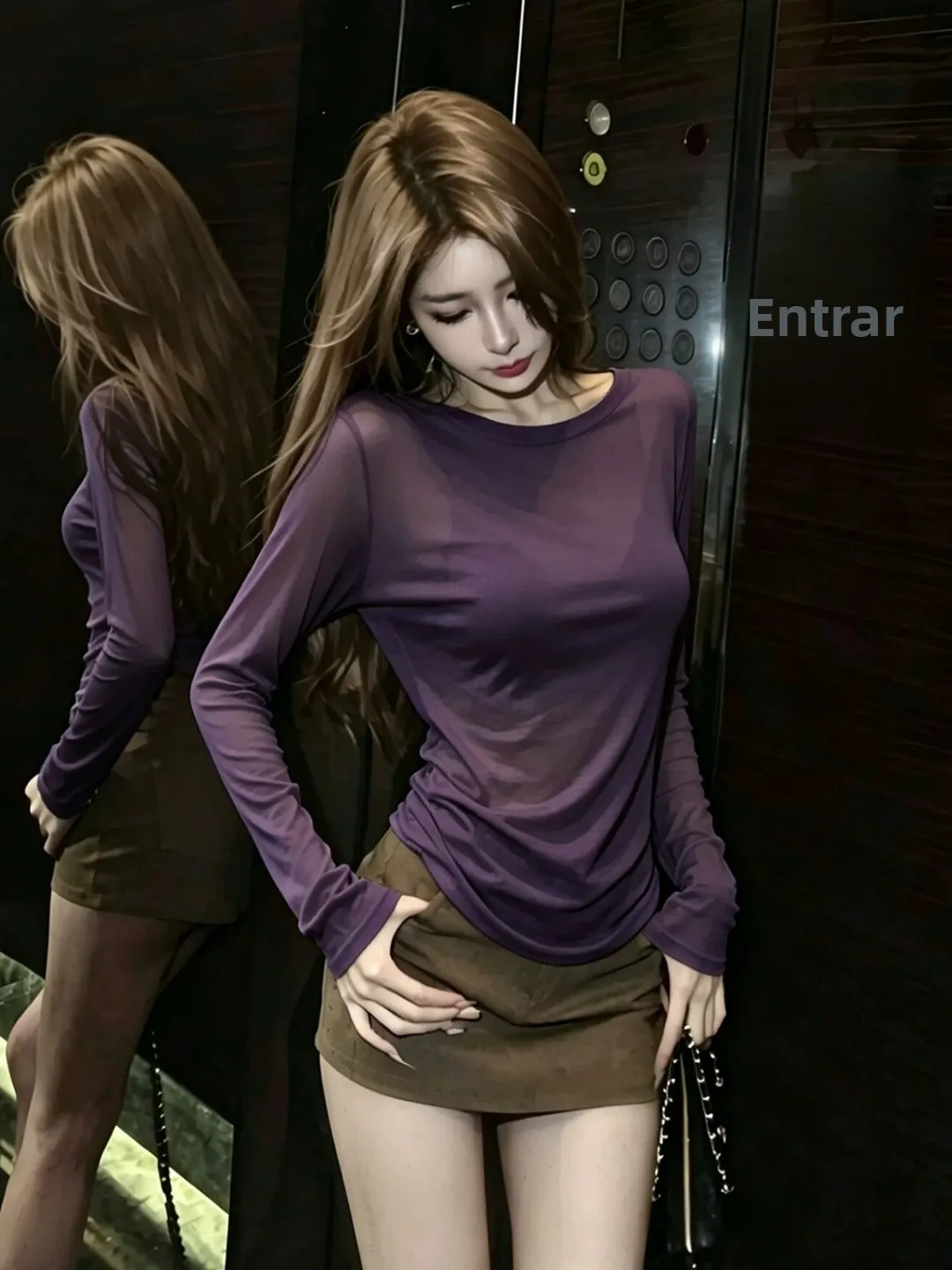 Sexy Pure Desire Purple Long Sleeve T-Shirt Women Summer Thin Micro Translucent Sun Protection Cover up High End Beautiful Top