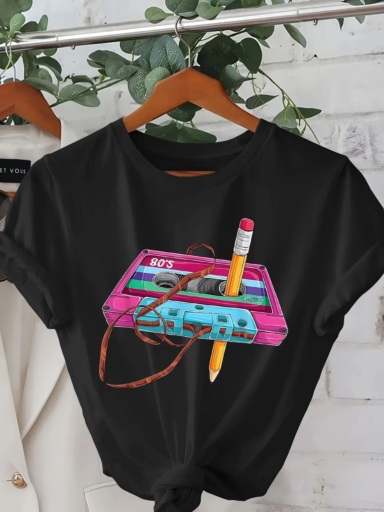 Hip Hop Vintage 80s Cassette Pencil 100% Cotton Women's Retro Print T-Shirt Soft Crew Neck Short Sleeve Top Shirt