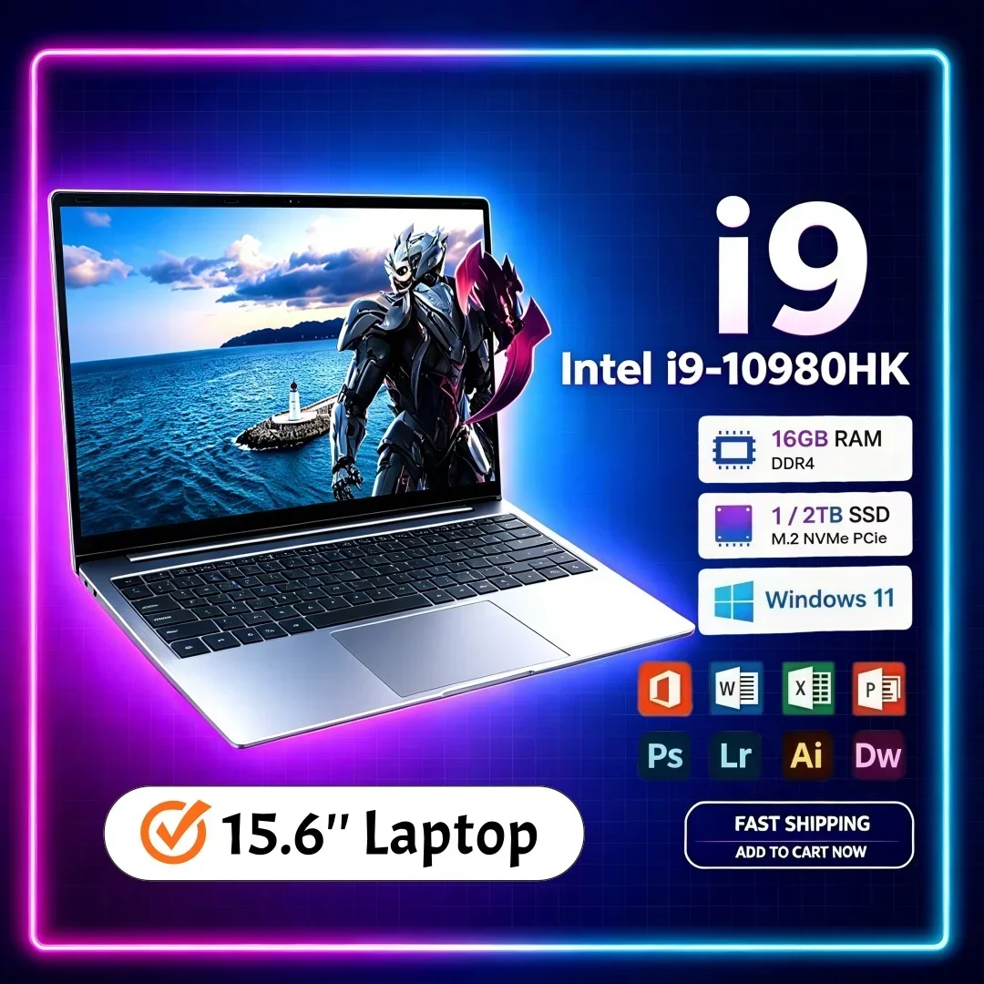 15.6 Inch Budget Friendly Ultra Slim Laptop Intel i9-10980HK 16/32GB RAM 1TB/2TB Big SSD Portable Windows11