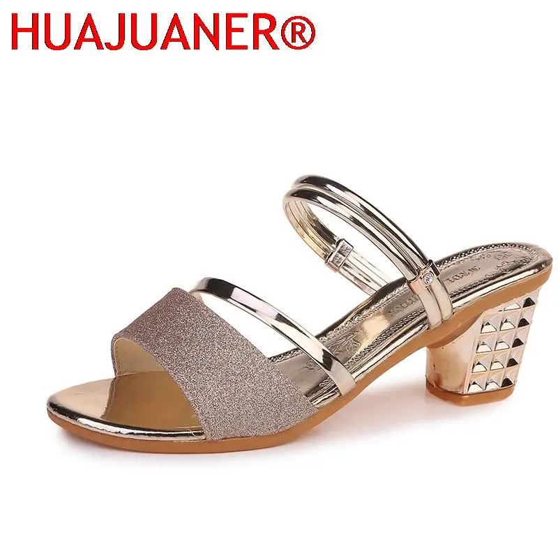 2025 Gold Women Shoes Slippers Sliver Summer Party High Heels Low Block Square Middle Heel Shoe Fashion Female Sandals