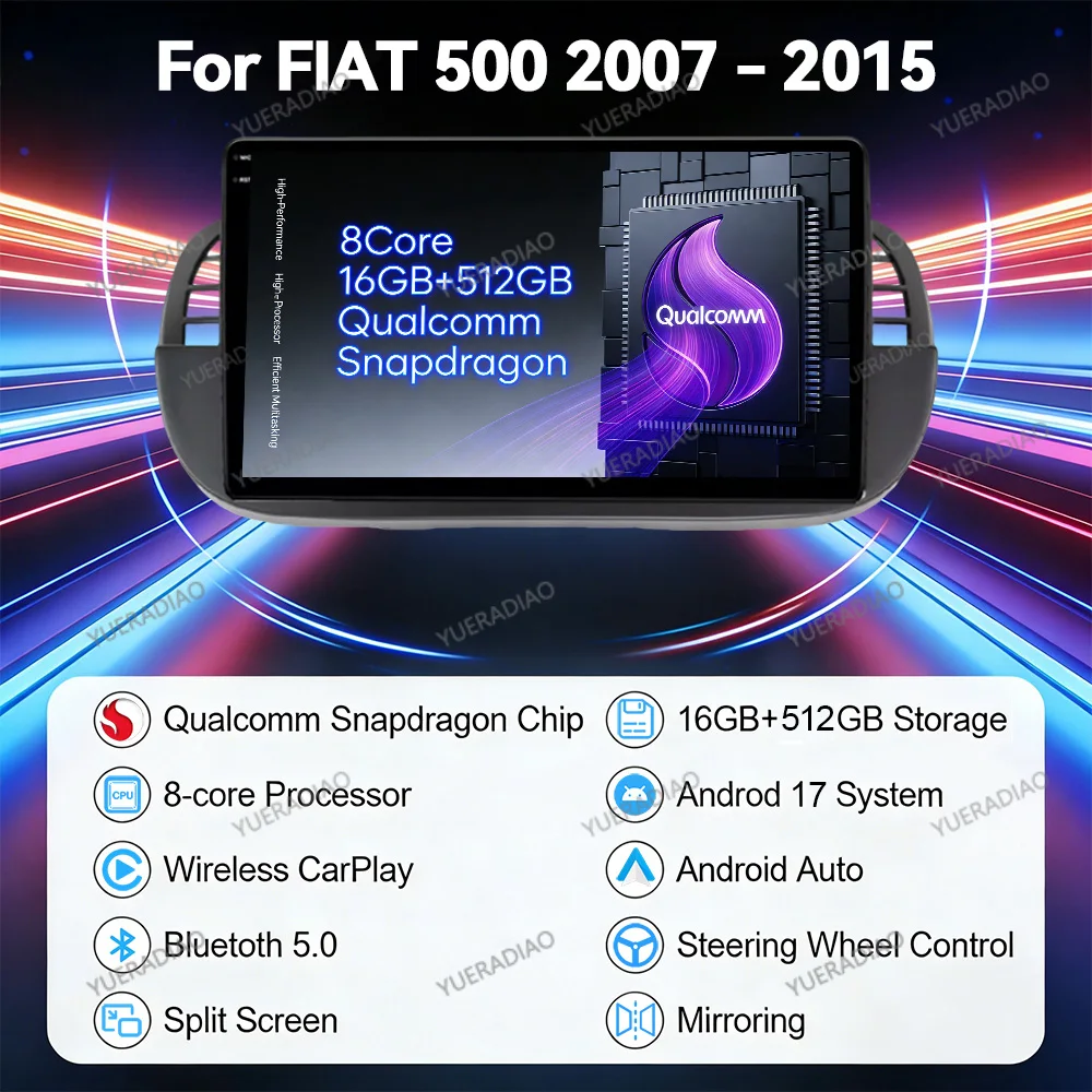 Android 17 Car Radio For FIAT 500 2007 - 2015 Qualcomm 2DIN Multimedia Stereo Video Player 4G WIFI QLED BT GPS NAVI Head Unit