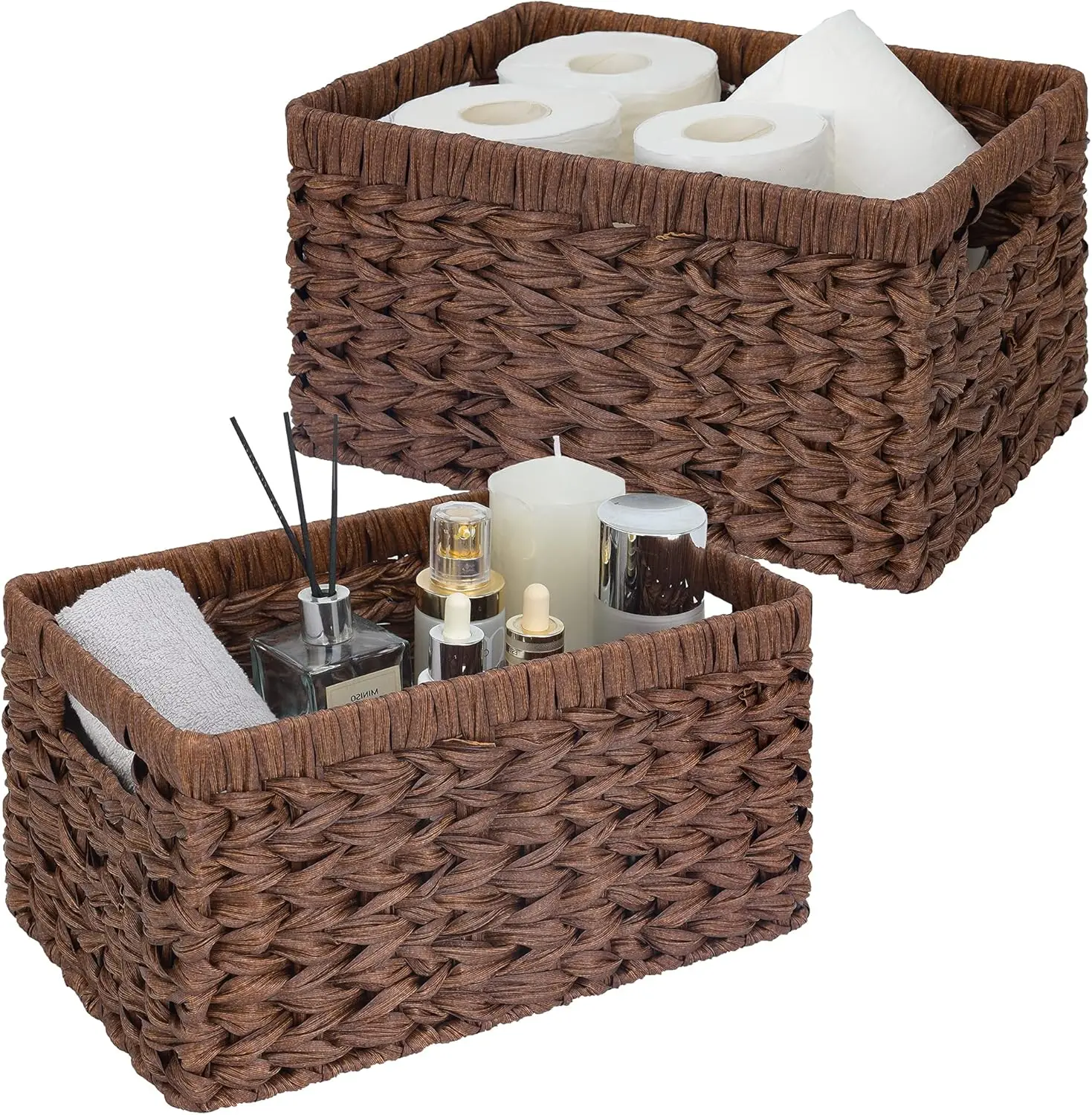 Waterproof Woven Storage Baskets, 2-Pack Brown Rectangular Organizers for Shelves and Pantry