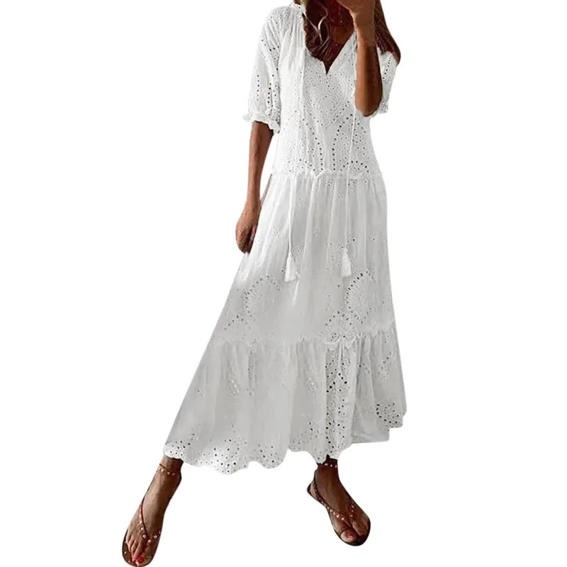 Women white casual long dress oversize lace up dress female loose V neck lace dress ladies hollow out beach boho swing maxi dres