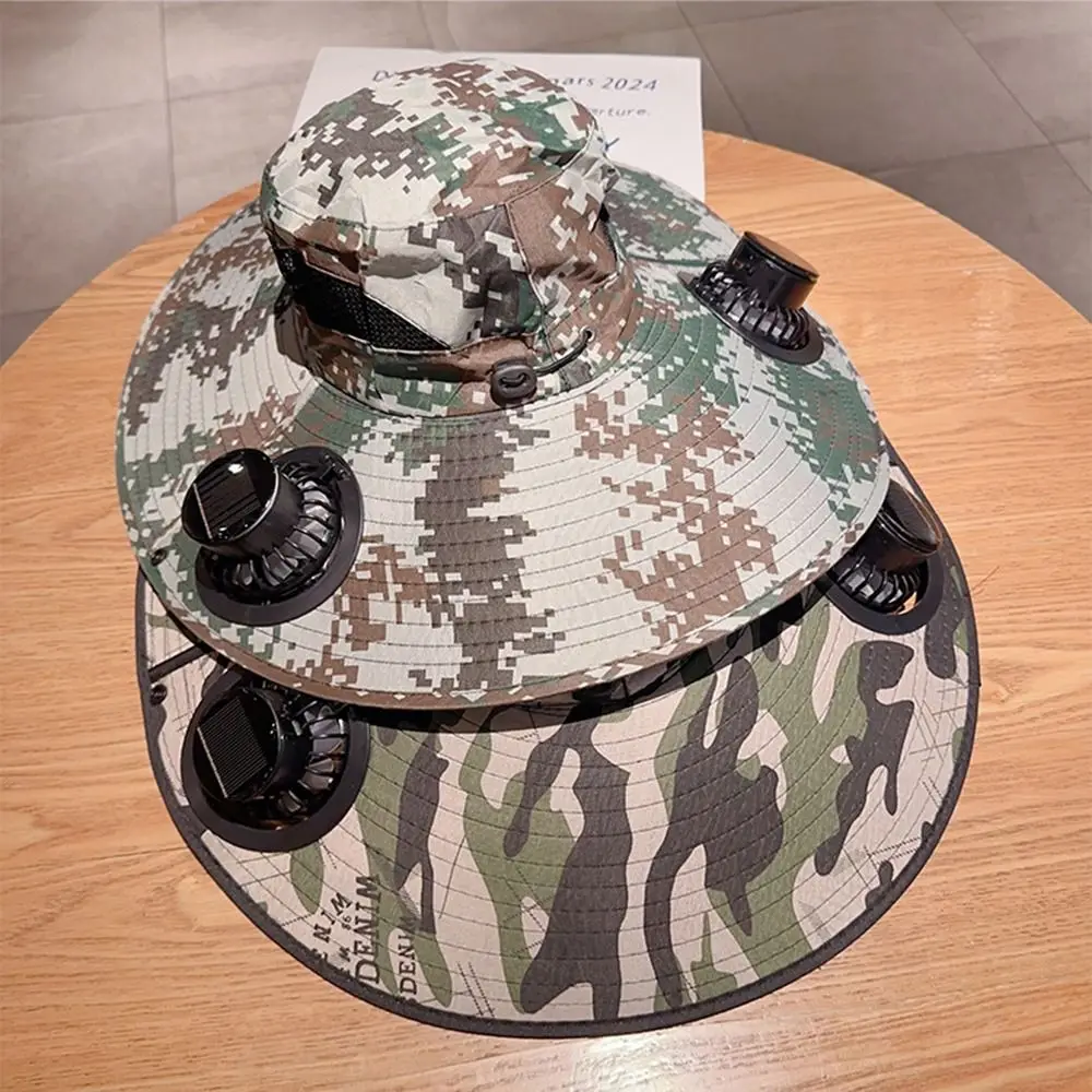

UV Protection Sun Hat with Solar Fan Adjustable 3 Speeds Sun Bucket Hat Breathable Camouflage Wide Brim Sun Cap Fishing