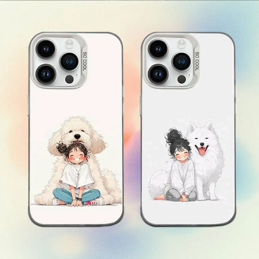

Cute Kid Girl Dog Phone Case For iPhone 16,15,14,13,12,11,Mini,Pro,E,MAX White Candy Matte Shockproof Cover