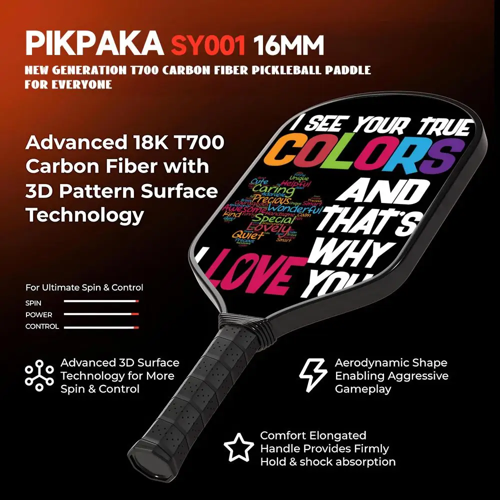 Головоломка с поддержкой аутизма Pickleball Paddle T700, цельный корпус из углеродного волокна, термоформованный сотовый сердечник 16 мм, сумкой и лентой для захвата