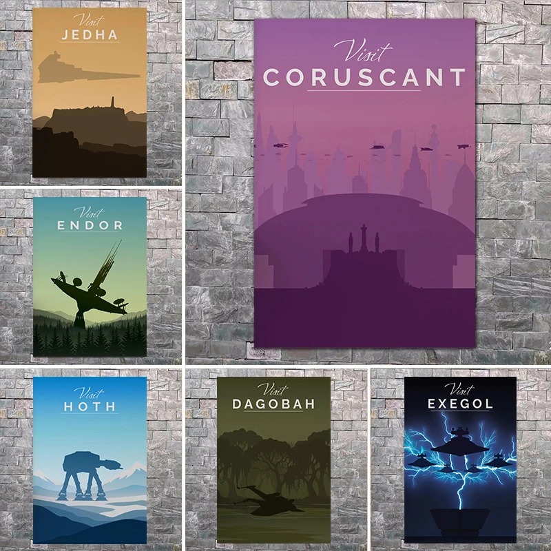 Affiche de voyage rétro science-fiction, impression murale inspirée des films, paysage galactique vintage, décor inspiré de Dagobah, Mustafar, Scarif