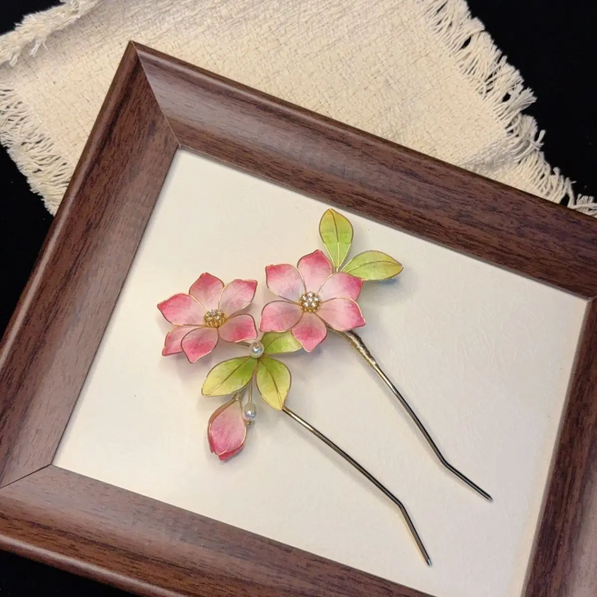 Chinese Lucky Pink Peach Blossom Filigree Velvet Flower U Shaped Hairpin Hanfu Cosplay Party Hair Accessory For Women Auspicious