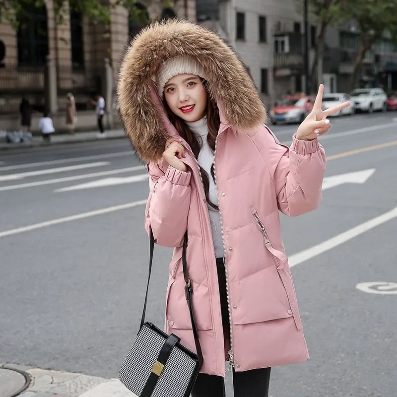 2023 neue Frauen Daunen jacke Wintermantel weibliche mittellange Version Parkas lose dicke Slim Fit Outwear Kapuze Pelz kragen Mantel