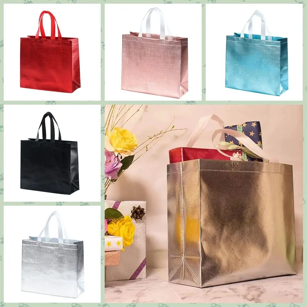 Solid Color Non-woven Fabric Shopping Bag Reusable Foldable Film Coated Laser Gift Bag with Handles Waterproof Shopping Pouch