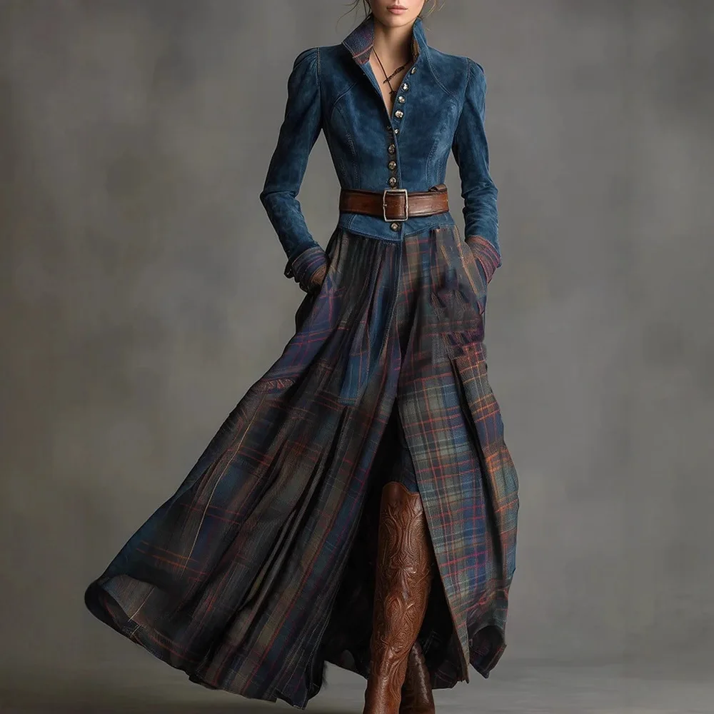 Nuovo Abito Lungo da Donna Autunno Inverno in Pelle Verde con Inserti in Velluto a Righe, Vita Alta con Bottoni