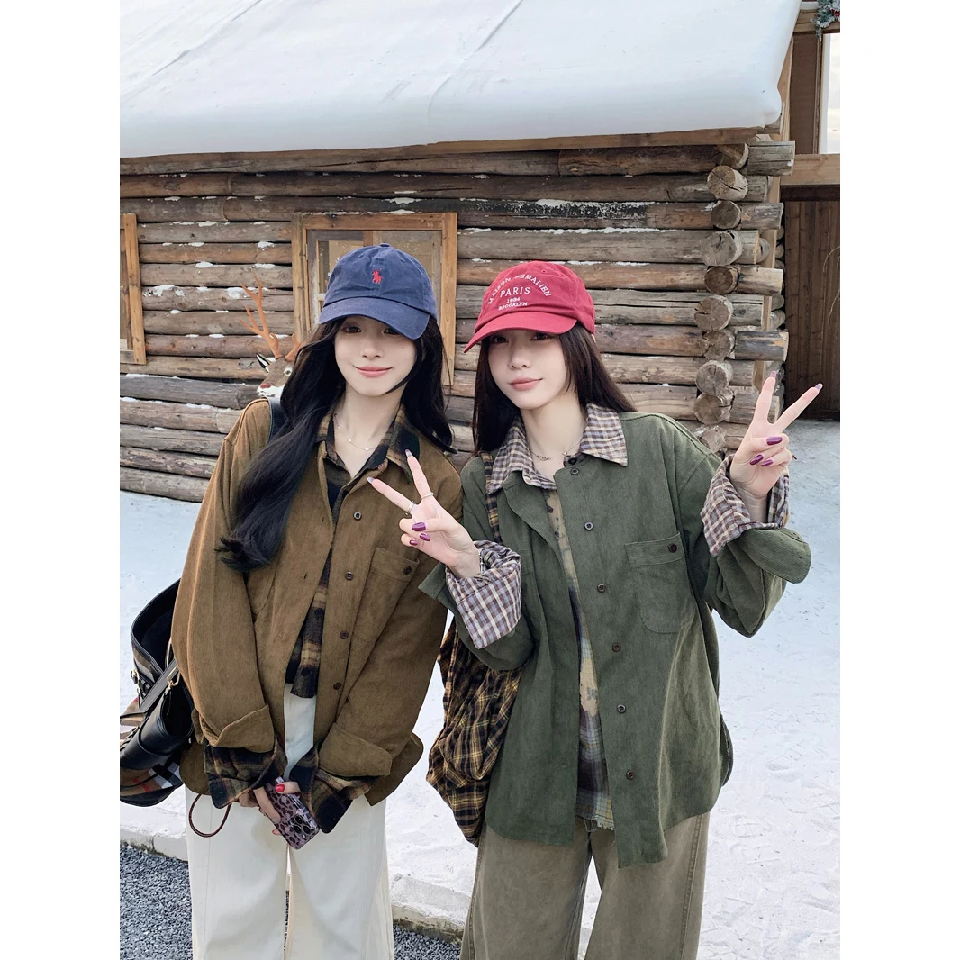 

Retro Corduroy Long Sve irt round Ne Design Versatile Inner And Outer Wear Women's Autumn Winter Faion Casual Top Coat