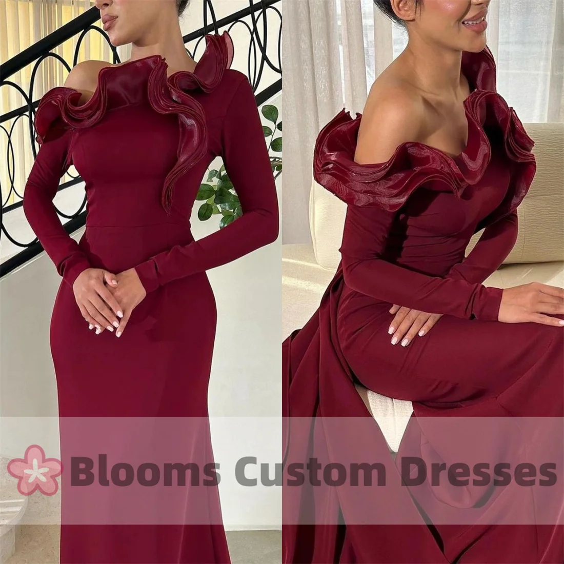 Blooms One-shoulder Burgundy Customized Prom Dress Ruffles Back Tail Formal Occasion Gown Long Sleeves Evening Dresses