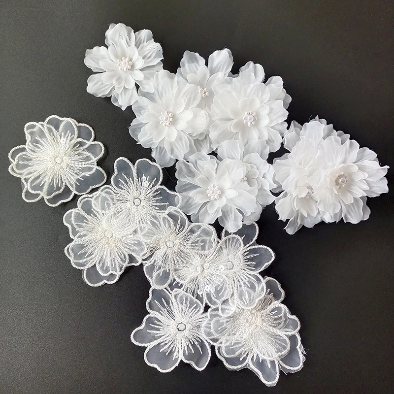 30Pcs Sequined Lace 3D White Flower Patches 8cm Appliqued DIY Craft Sewing Sew-On Wedding Dress Women\'s Party Clothes Decoration