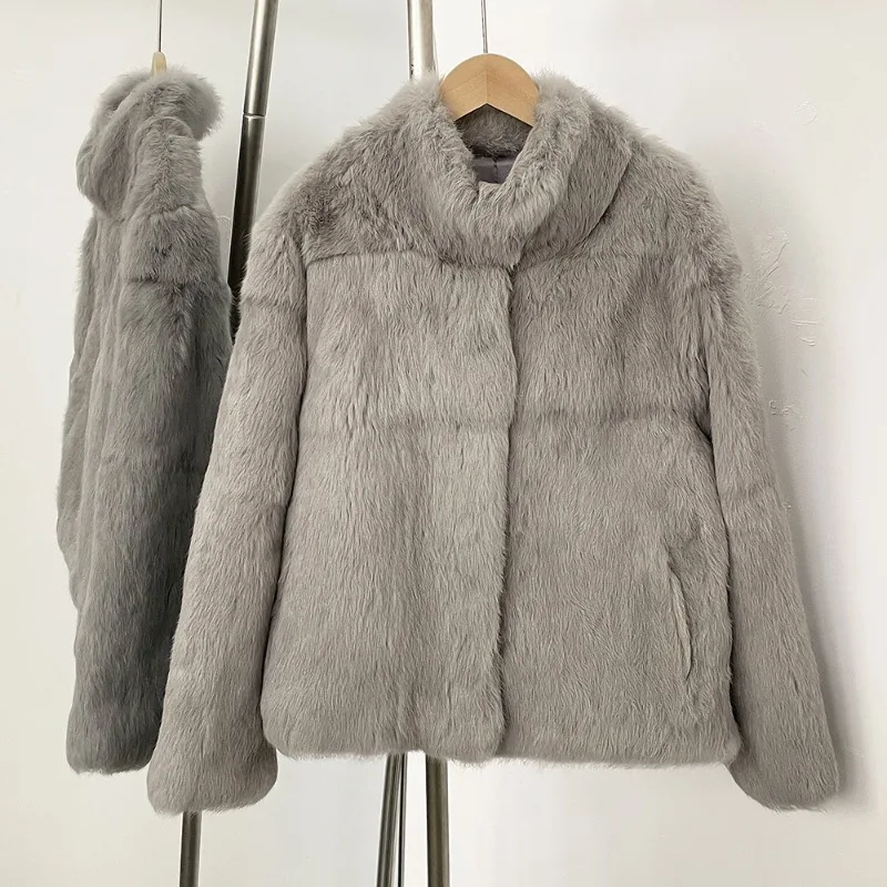 

2026 Fashion Autumn Winter Rabbit Fur Coat Women's Fur Short Jacket Stand-up Collar Streetwear Fur Outerwear Lady Casual Tops