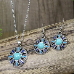 Vintage Bohemian Hollow Round Geometric Necklace Earrings Set For Women Indian Jewelry Ethnic Bule Beads Pendant Jewelry Sets