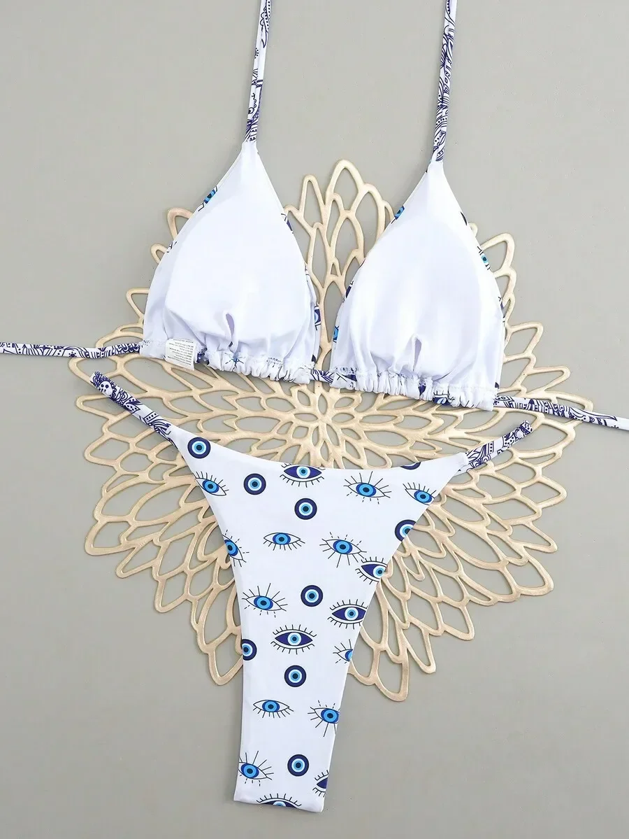Womens White Eye Print Thong Bikini Set Halter Triangle Top Beach Swimwear