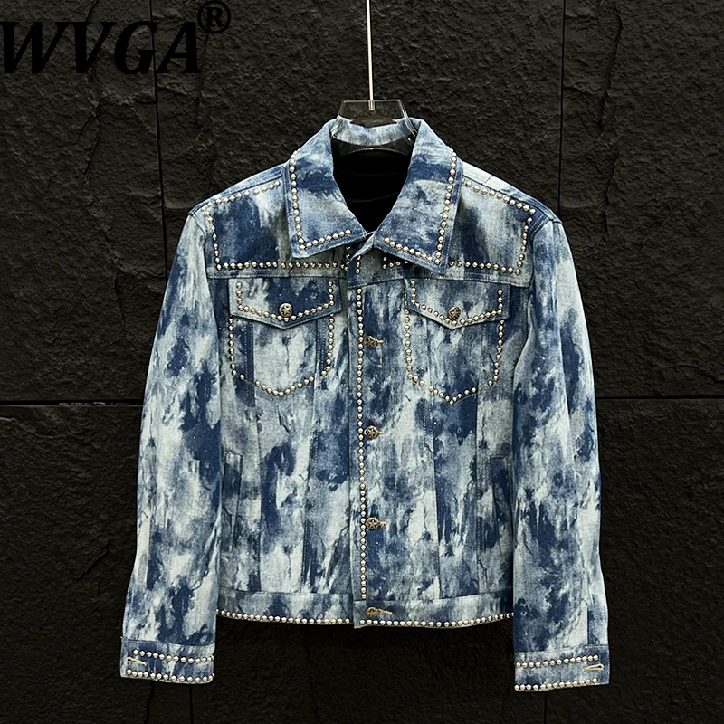 

WVGA Spring Autumn New Man Tide Rivet Trendy Short Denim Jackets Niche Chic Casual Shoulder Padded Turn-down Collar Coats W14582