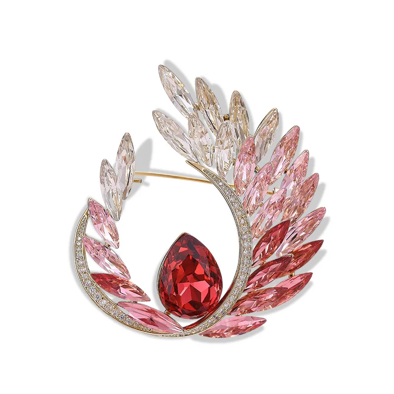 Women Luxury Gradient Zircon Wing Feather Brooch Shiny Crystal Lapel Pin Corsage Brooch For Wedding Party Fashion Jewelry Gift