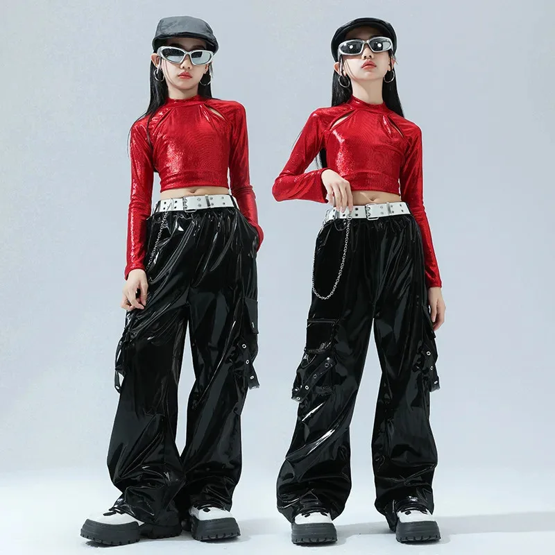 

Kids street dance clothing girls hip hop outfits red tops black pants jazz performance clothes group competition wear