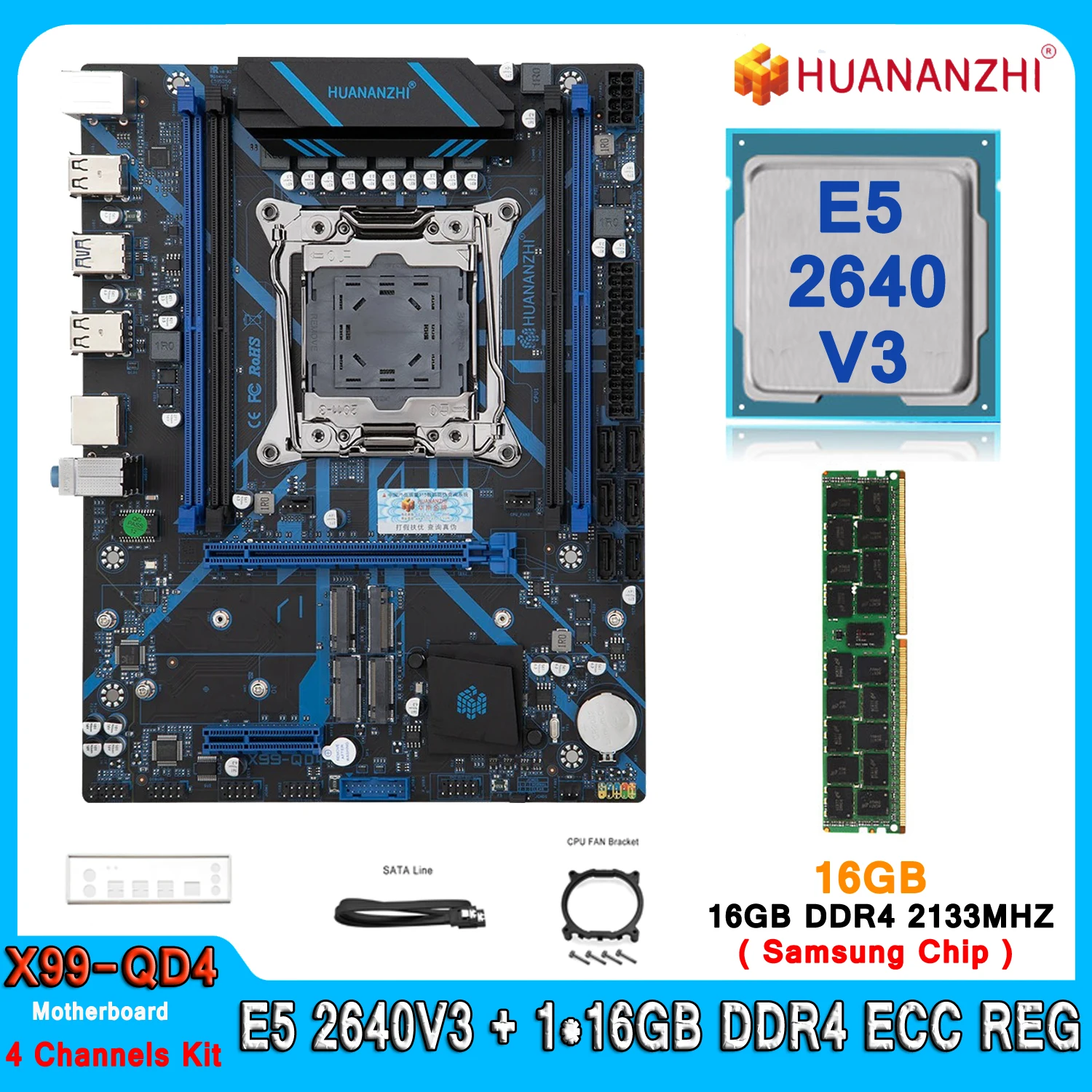 

Huananzhi X99 QD4 Motherboard Set Kit With LGA2011-3 Xeon E5 2640 V3 CPU DDR4 16GB (1*16GB) 2133MHZ RAM M.2 NVME E5 2640V3 Set
