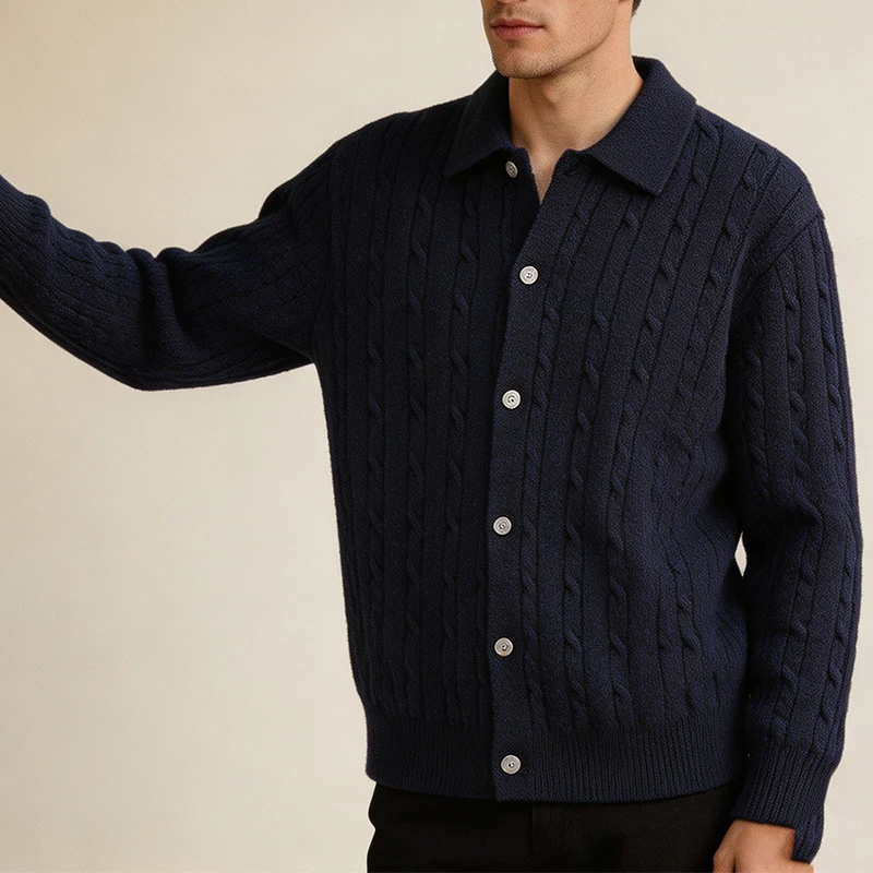 Fashion Lapel Knit Shirt Tops Mens Vintage Solid Color Long Sleeve Tops 2026 Autumn Slim Fit Twist Texture Knitted Cardigan Men